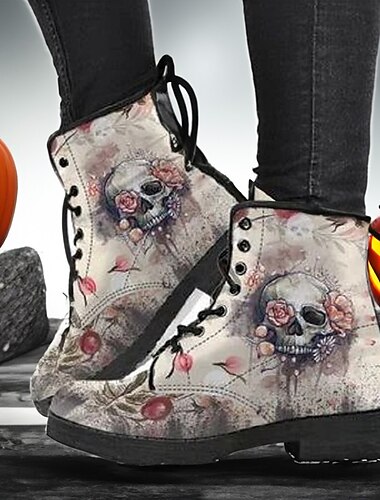  stivali da combattimento con stampa teschio di Halloween da donna - stivaletti allacciati in stile gotico per la stagione spettrale