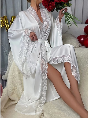  Mujer Pijamas Albornoces Batas Color puro Sencillo Casual Confort Fiesta de Boda Satén Transpirable Escote en V Manga Larga Otoño Invierno Negro Blanco