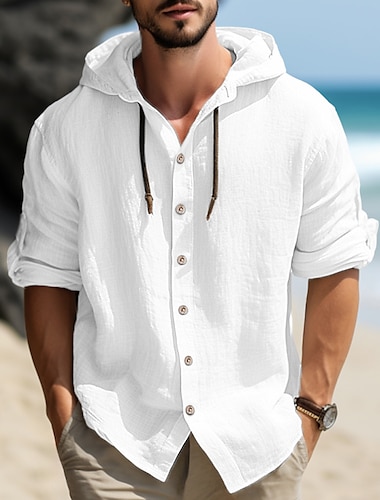  男性用 シャツ リネンシャツ フード付きシャツ ブラック ホワイト ブルー 長袖 平織り フード付き 春夏 カジュアル 日常 衣類 ボタン