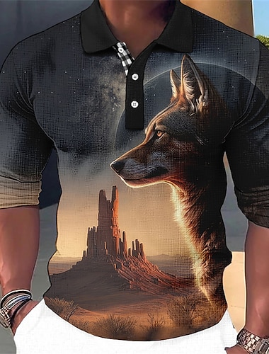  Herre Ulv Poloskjorter Golf skjorte Langermet Poloskjorter Skjorter med krage Fritid Morsom Ferieklær Festantrekk 3D-utskrift Knapper Høst vinter Gul Blå Grønn