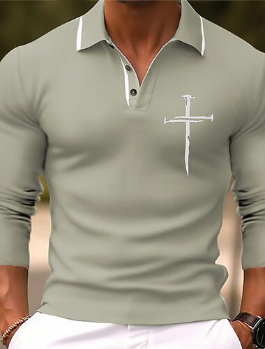  Herre kristen Polo skjorter Golftrøje Langærmet Polo skjorter Skjorter med krave Forretningsmæssigt afslappet Arbejdstøj Formel beklædning Festivaltøj 3D-udskrivning Knapper Efterår vinter Sort Bl