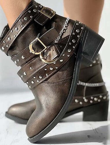  dames biker enkellaarsjes met studs, gespen en ketting, punkrock motorlaarzen voor casual streetwear en concertoutfits