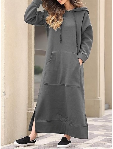  Mujer Vestido informal Vestido con capucha vestido largo vestido largo Diario Básico Exterior Vacaciones Noche Escote en Pico Bolsillo Color sólido Ajuste regular Negro Burdeos Azul Piscina S M L XL