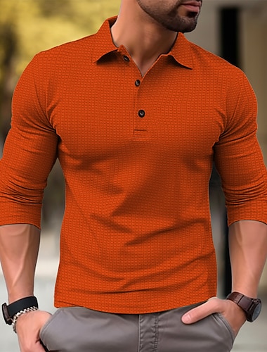  Herre Vaffel poloskjorte Button Up Poloer Avslappet Sport Knaphul Langermet Mote Grunnleggende عادي Knapp Vår & Vinter Normal Militærgrønn Oransje Kakifarget lysegrå Vaffel poloskjorte