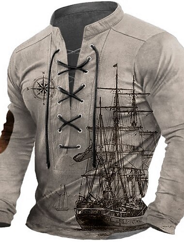  Herren Schiff Grafik-Drucke Kompass Grafischen T-Shirt Vintage-Shirt Langarm T-Shirt Hemd Modisch Designer Brautkleider schlicht Outdoor Urlaub Freizeitskleidung Blau Grün Khaki Frühling & Herbst