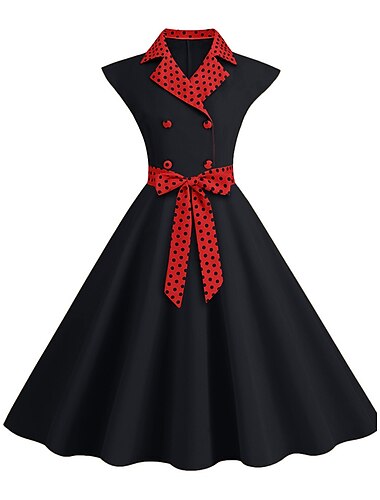  Damen Taste Bedruckt Vintage-Kleid Midikleid Elegant Punkt Kargen Ärmellos B¨¹ro Verabredung Frühling Herbst Schwarz Gelb