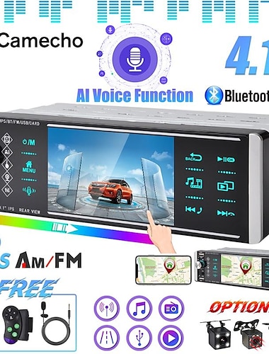  camecho 4.1 '' 1din car mp5 player [ai voice Assistant] hd capacitive touch srceen autoradio with mirrorlink rds am fm 4-usb bluetooth + cam (اختياري)