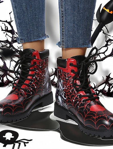  Damen-Kampfstiefel mit Halloween-Totenkopf-Print – Schnürstiefeletten im Gothic-Stil für die gruselige Jahreszeit
