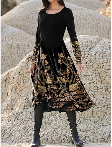  Robe midi femme robe en A robe décontractée robe d'hiver robe volante mode streetwear mature formelle extérieure vacances ajustement régulier floral à manches longues encolure ras du cou noire