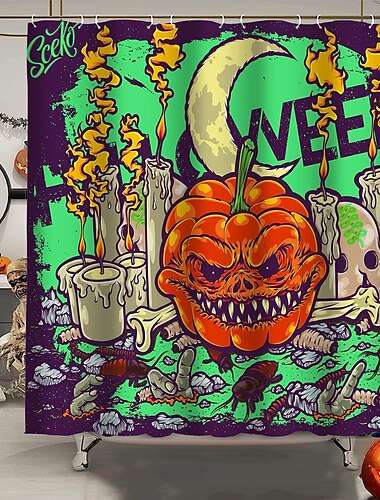  Halloween-Horror-Duschvorhang mit Haken, Flamingo-Badezimmer-Dekor, wasserfester Stoff-Duschvorhang-Set mit 12 Kunststoff-Haken, Skelett, Kürbis, Hexe