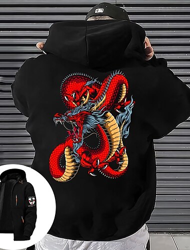  Herr Huvtröjor med dragkedja Jakke Röd & Svart Svart Huva Grafisk Djur Drake Mönster Sport & Utomhus Ledigt Dagligen Streetwear Designer Ledigt Vår & Höst Kläder Pull Tröjor Långärmad