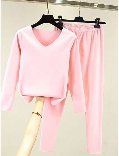  Thermo-Pyjama-Set für Damen, reine Farbe, modisch, plüschig, lässig, für zu Hause, für den Alltag, Bett aus Acryl, atmungsaktiv, V-Draht, langärmeliges T-Shirt, T-Shirt, Hose,