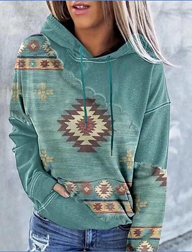  Damen Hoodie Sweatshirt Pullover geometrisch Vintage Ethno Street Casual Fronttasche Vintage Ethno Neon&amp;heller Hoodie Langarmshirt mikroelastischer Herbst&amp;Winterkomfort, atmungsaktives,