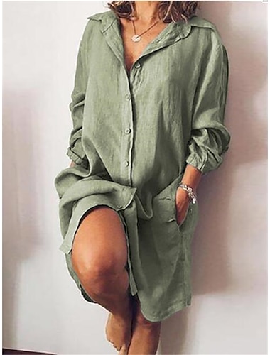 Mujer Camisa Blusa Tops largos de algodón Plano Casual Diario Botón Bolsillo Negro Manga Larga Básico Cuello Camisero Primavera & Otoño