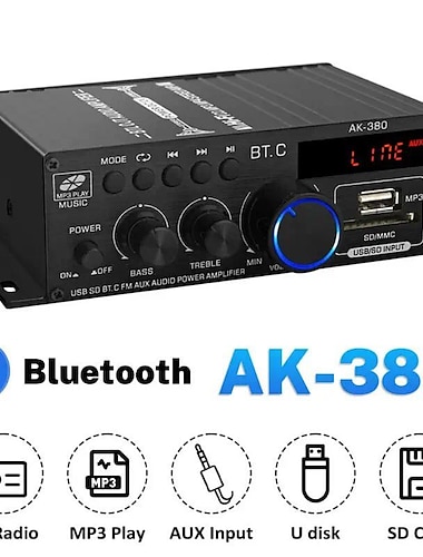  Hohe Qualität 1 Satz 800 W 2-Kanal-BT-Mini-Hifi-Leistungsverstärker Audio-Stereo-Verstärker für Zuhause, Auto, FM