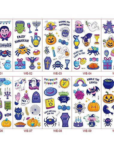  10 Blatt Halloween-Tattoo-Aufkleber, wasserfeste temporäre Halloween-Tattoos für Kinder, süße Kürbis-/Skelett-/Geister-Tattoos, Halloween-Partygeschenke für Kinder und Erwachsene