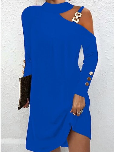  Damen Casual kleid Minikleid Kalte Schulter Täglich Verabredung Modisch Basic Ständer Langarm Schwarz Weiß Rosa Farbe