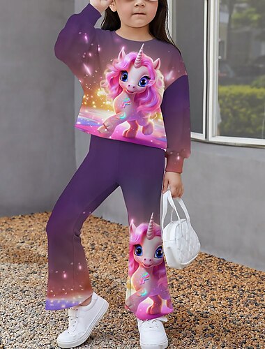  Mädchen 3D Graphic Karikatur Einhorn Set aus Sweatshirt und Jogginghose Kleidungsset Langarm 3D-Druck Herbst Winter Aktiv Modisch Täglich kinderkleidung 3-12 Jahre Outdoor Urlaub Verabredung Regular