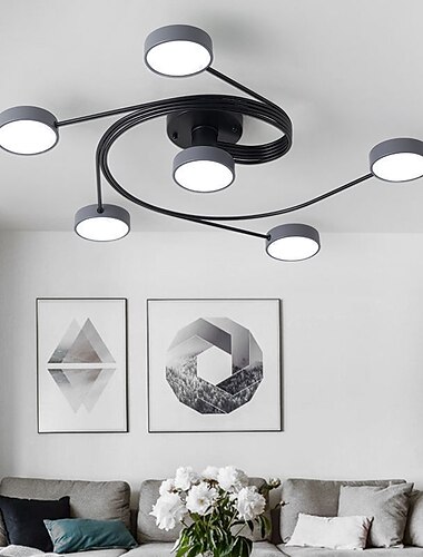  Plafonnier moderne semi-encastré circulaire acrylique 4/6 têtes led plafonnier nordique gris spoutnik luminaire avec décoration en bois pour salon salle à manger chambre 110-240v