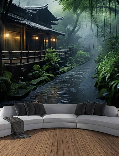  Wandteppich Bambusstraße Haus hängende Tapisserie Wandkunst große Tapisserie Wandbild Dekor Foto Hintergrund Decke Vorhang Zuhause Schlafzimmer Wohnzimmer Dekoration Wandtuch XXL Natur