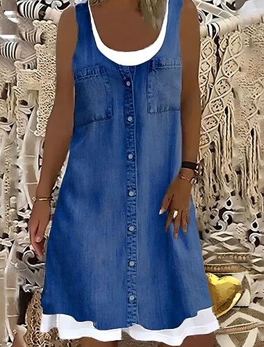  Damen Midi Kleid Shift Kleid Grau Ärmellos Floral Fake Zweiteiler Sommer Frühling Crew Neck Modern 2023 5XL