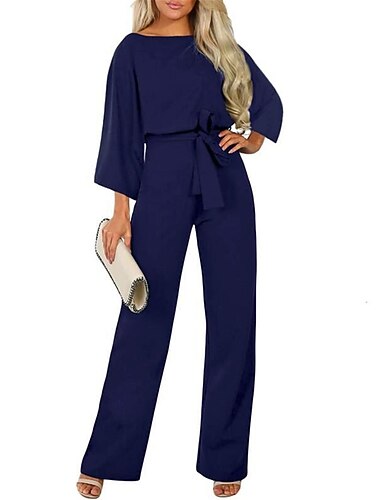  Women's Normal Jumpsuit Elegant Solid Color 3/4 Length Sleeve Crew Neck Lace up High Waist Wedding Office Regular Fit Black Navy Blue Beige Fall