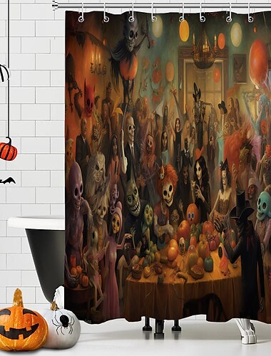  Halloween-Horror-Duschvorhang mit Haken, Halloween-Badezimmer-Dekor, wasserfester Stoff-Duschvorhang-Set mit 12 Kunststoff-Haken, Skelett-Kürbis-Hexe