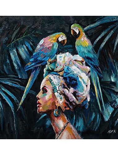  Großes handgemachtes afrikanisches Frauengemälde, handgemaltes Ölgemälde, Wandkunst, nordischer Papagei, afrikanische Frau, Leinwand, abstrakte Malerei, Wandkunst, Bilder, Heimdekoration, gerollte