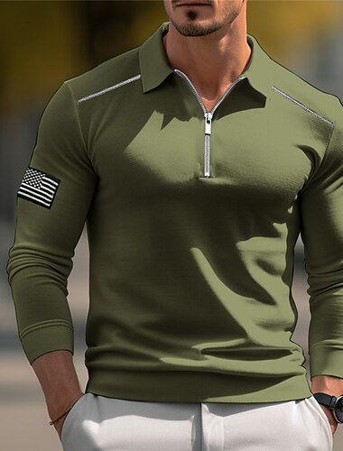  Men's Golf Shirt American Flag Polo Shirt Work Daily Wear Quarter Zip Long Sleeve Fashion Comfortable National Flag Embroidery Zip Up Spring &  Fall Regular Fit Black White Navy Blue Army Green Golf