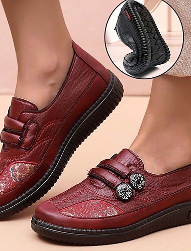  Naisten Slip-Onit Comfort-kengät Päivittäin Kävely Yhtenäinen väri Kukka Kesä Kukkakuvio Tasapohja Pyöreä kärkinen Vintage Muoti Vapaa-aika Tekonahka Loaferit Musta Rubiini