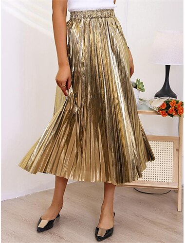  Per donna Altalena a dondolo Gonna lunga Medio Gonne A pieghe Metallizzato Lungo Tinta unita Scintillante Halloween Strada Per tutte le stagioni Poliestere Di tendenza Brillante Argento Nero Oro Oro