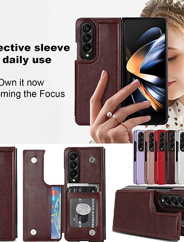  Funda de teléfono para Samsung Galaxy Z Fold 6 Z Fold 5 Z Fold 4 Z Fold 3 de cuero con holder para tarjetas y soporte de pie color sólido PC PU cuero