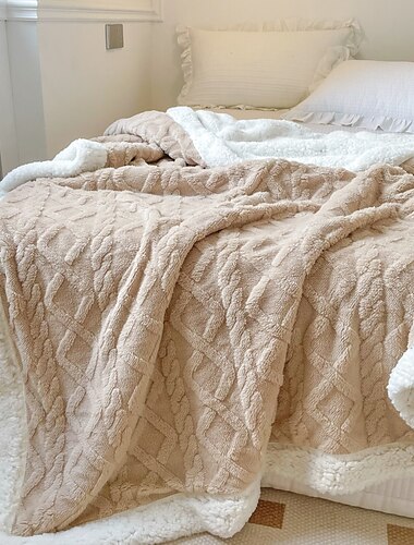  Manta de jacquard de Cachemira de cordero de doble capa gruesa y cálida de color sólido, manta para siesta de oficina, calentador de sofá, mantas supersuaves