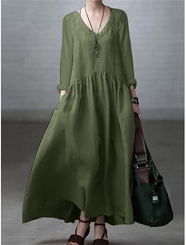  Per donna Abito maxi Vestito a caftano Abiti in cotone e lino Vestito Casual Abito in cotone Essenziale Classico Casual Quotidiano All'aperto Vacanza Vestibilità comoda Semplice Manica Lunga Scollo a