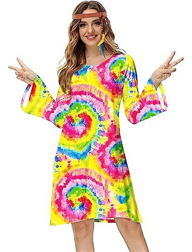 Hippie 1970er Disko Kleid Cosplay Kostüm Stirnband Stirnbänder Trompetenärmel Hippie Disco Damen Mädchen Halloween Karneval Maskerade Party-Abendmode Pride Parade Pride-Monat Erwachsene Kleid