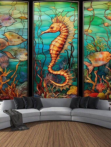  Seepferdchen zum Aufhängen, Wandteppich, Wandkunst, großer Wandteppich, Wanddekoration, Fotografie, Hintergrund, Decke, Vorhang, Zuhause, Schlafzimmer, Wohnzimmer, Dekoration, Buntglas