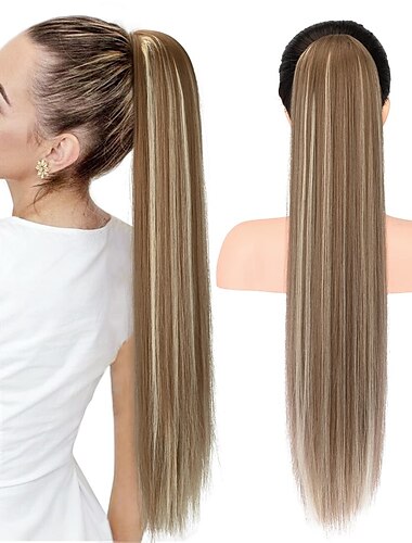  28 Pferdeschwanz-Verlängerungen, Kordelzug, langer, gerader, künstlicher Pferdeschwanz, natürliche, weiche Clip-in-Haarverlängerung, synthetisches, hitzebeständiges Haarteil