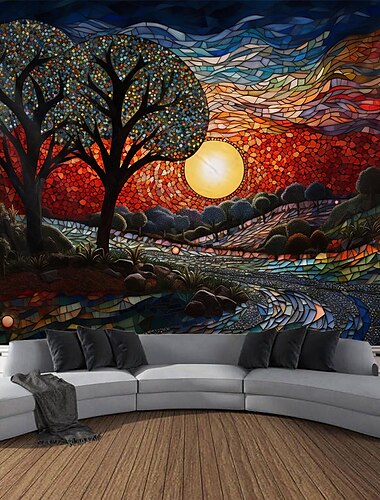  Buntglas-Landschaft, hängender Wandteppich, Wandkunst, großer Wandteppich, Wanddekoration, Fotografie, Hintergrund, Decke, Vorhang, Zuhause, Schlafzimmer, Wohnzimmer, Dekoration