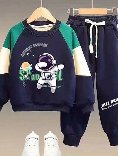  2-delig Kinderen Jongens Hoodie & shorts Trui & broek Kledingset Kleding Kleurenblok Brief Astronaut Lange mouw Zak Set School Sport Modieus Dagelijks Herfst Winter 7-13 jaar Zwart Marineblauw Grijs