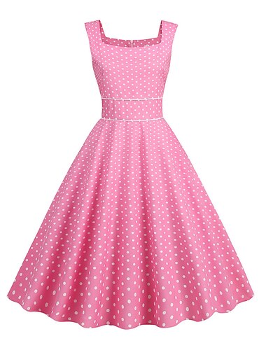  Damen Rüsche Bedruckt Vintage-Kleid Midikleid Elegant Punkt Quadratischer Ausschnitt Ärmellos Täglich Verabredung Frühling Herbst Schwarz Weiß