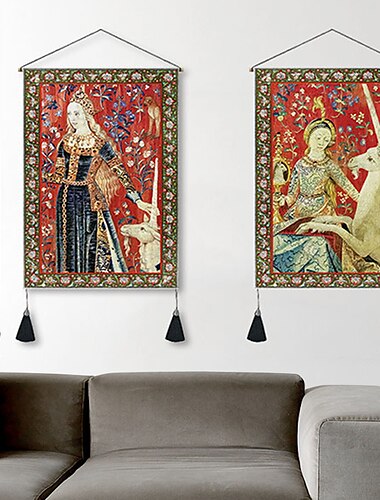  упаковка из 2 старинных средневековых тканых настенных гобеленов, художественный декор, одеяло, занавеска, висящая домашняя спальня, гостиная, украшение, кисточка из скандинавского хлопка и льна, 14 x