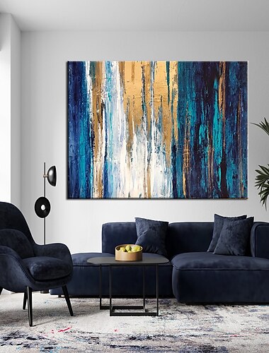  main or bleu peinture peint à la main peinture à l'huile art mural feuille d'or peinture sur toile grand mur art texture art contemporain décoration de la maison toile roulée