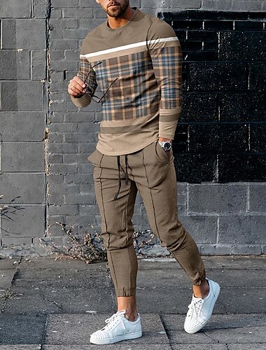  Hombre Geométrico 2 piezas Conjuntos de sudaderas 3D Conjuntos a juego Chándal Manga Larga Pantalones largos Cuello Barco Deportes Design Casual Exterior Deporte Diario Primavera verano Marrón