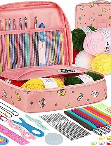  58-teiliges Häkelset für Anfänger, Häkelset mit Häkelgarn, tragbares Häkelnadel-Set, Häkelnadeln, ergonomischer weicher Griff, Spitzenhäkelnadeln, Reise-Häkelnadeletui, komplettes Strick- und Häkelzubehör