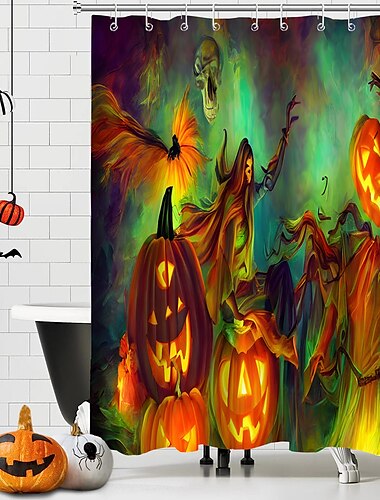  Halloween-Horror-Duschvorhang mit Haken, Halloween-Badezimmer-Dekor, wasserfester Stoff-Duschvorhang-Set mit 12 Kunststoff-Haken, Skelett-Kürbis-Hexe