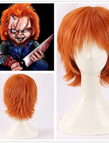  Peluca de cosplay corta naranja chucky, pelucas de cosplay resistentes al calor de la novia de chucky, pelucas de halloween