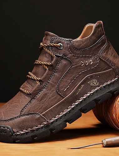  Botines casuales con cordones de cuero marrón para hombre: costuras duraderas y suela resistente para uso diario y al aire libre