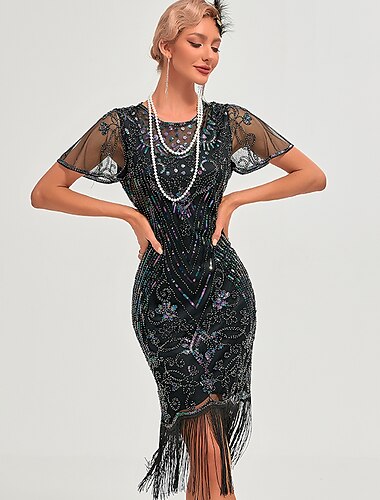 Goldene Zwanziger 1920er Urlaubskleid Flapper Kleid Kleid Maskerade Der große Gatsby Charleston Dame Pailletten Quastenfransen Damen Neujahr Maskerade Hochzeit Party Hochzeitsgast Erwachsene Kleid
