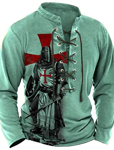  Herren Tempelritter Grafik-Drucke Grafischen T-Shirt Vintage-Shirt Langarm T-Shirt Hemd Modisch Designer Brautkleider schlicht Outdoor Urlaub Freizeitskleidung Blau Braun Grün Frühling & Herbst