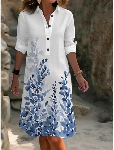  Damen Midikleid Baumwoll-Leinen-Kleider Hemdblusenkleid Freizeitkleid Mode Alltagstauglich Modern Outdoor Urlaub Täglich Lässiger Schnitt Blumen Langarm Hemdkragen Weiß Marineblau Königliches Blau